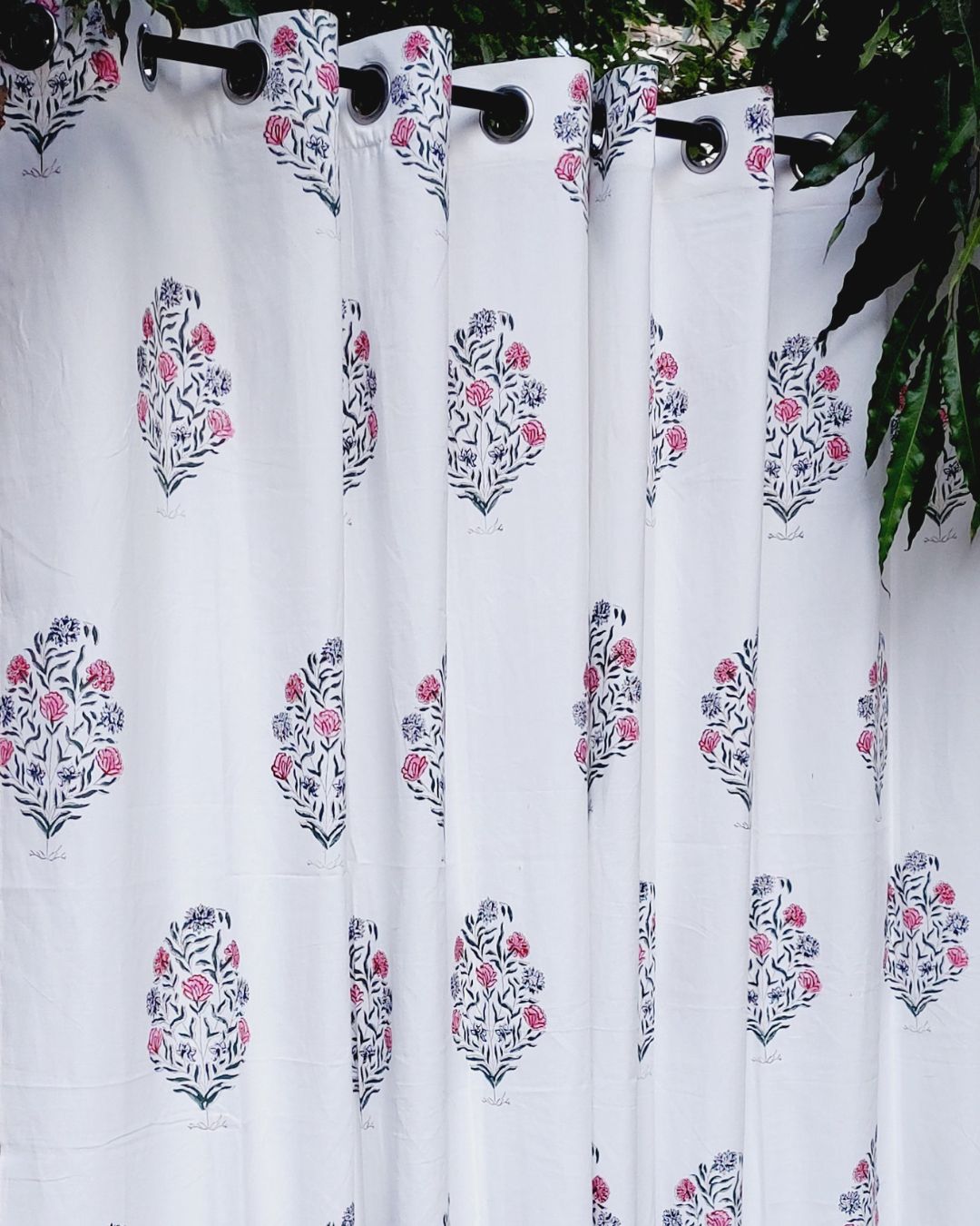 Drill Cotton Curtain Green-Pink Floral Block Print