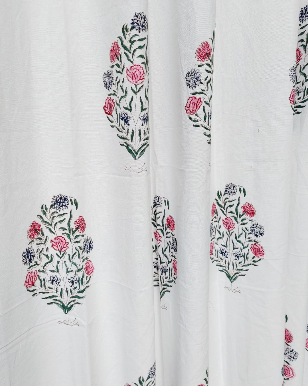 Drill Cotton Curtain Green-Pink Floral Block Print