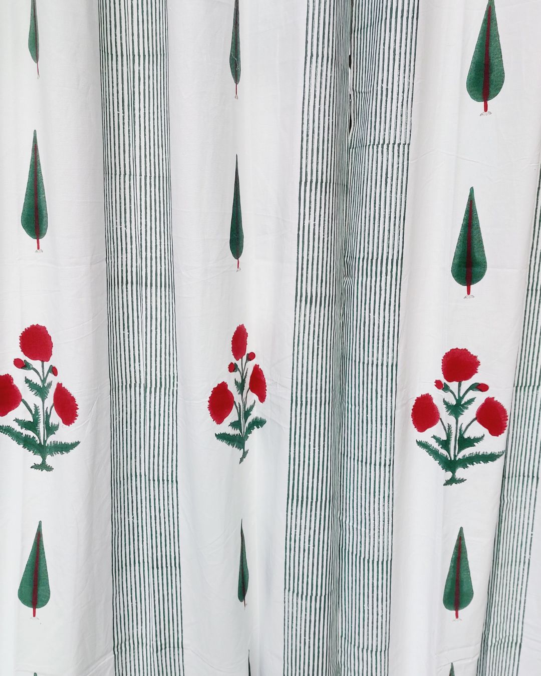 Drill Cotton Curtain Green-Red Fern Leaf Boota Block Print