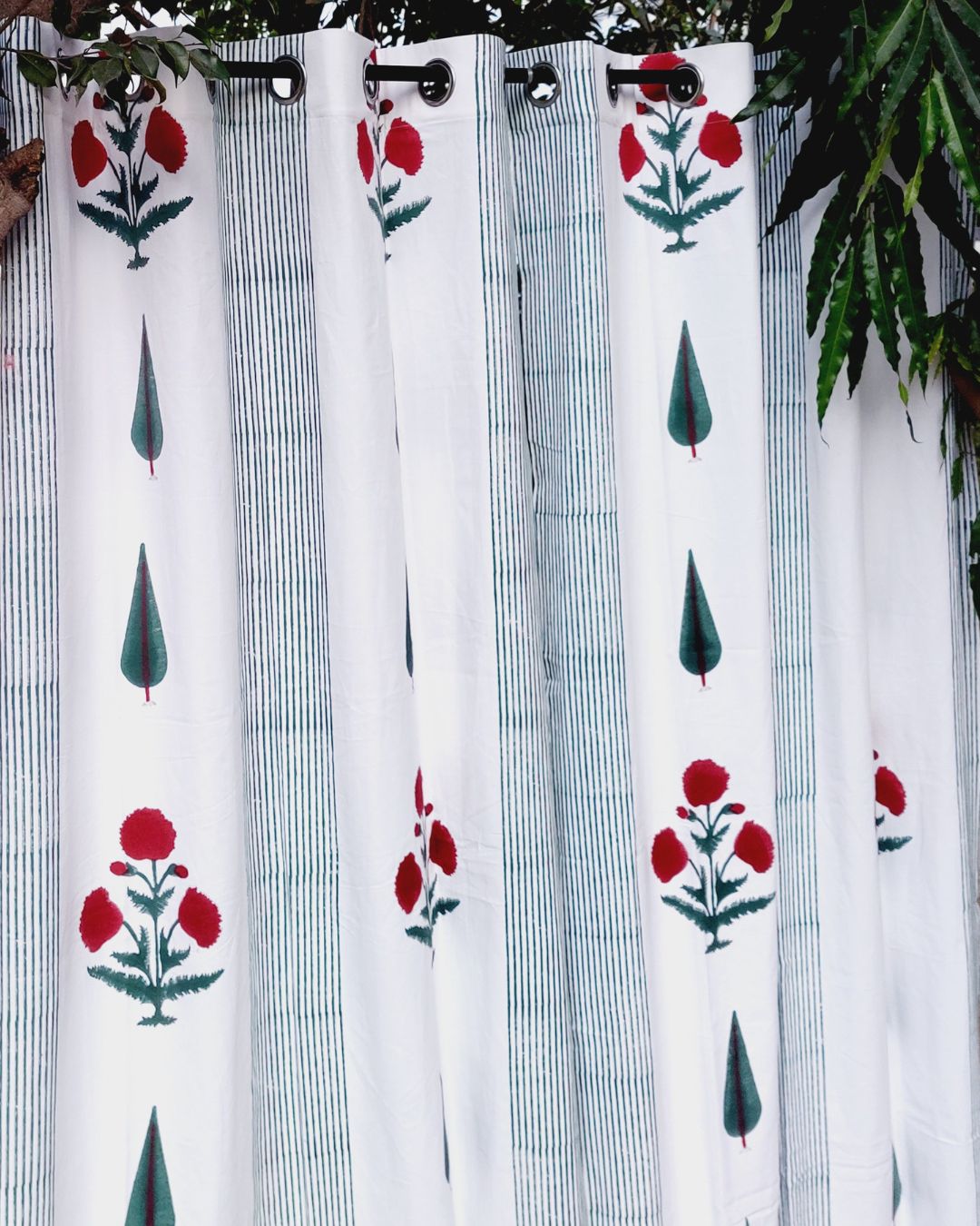 Drill Cotton Curtain Green-Red Fern Leaf Boota Block Print
