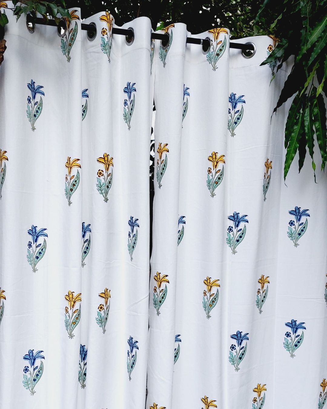 Drill Cotton Curtain Yellow-Blue Floral Boota Block Print