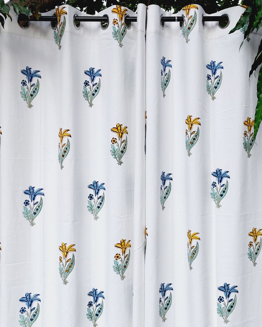 Drill Cotton Curtain Yellow-Blue Floral Boota Block Print