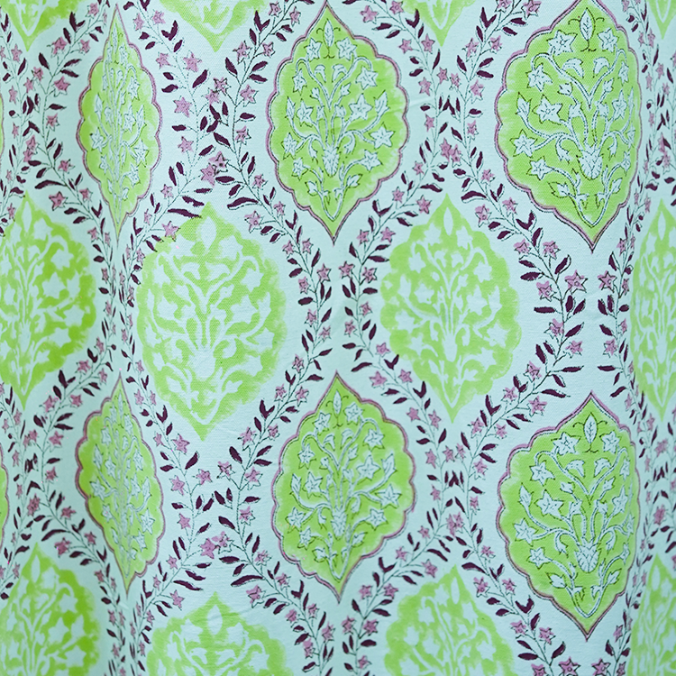 Cotton Green-Pink Leaf Curtain Block Print