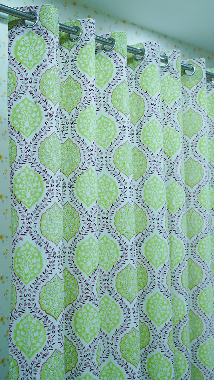 Cotton Green-Pink Leaf Curtain Block Print