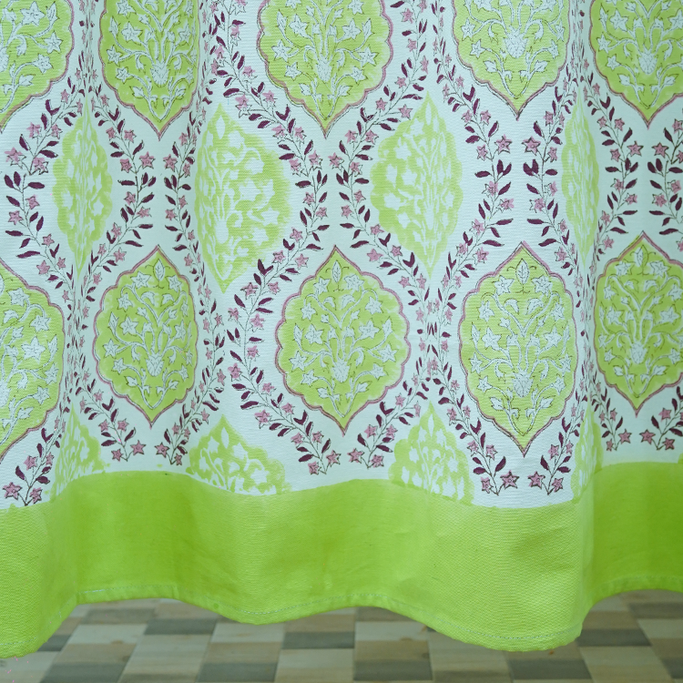 Cotton Green-Pink Leaf Curtain Block Print