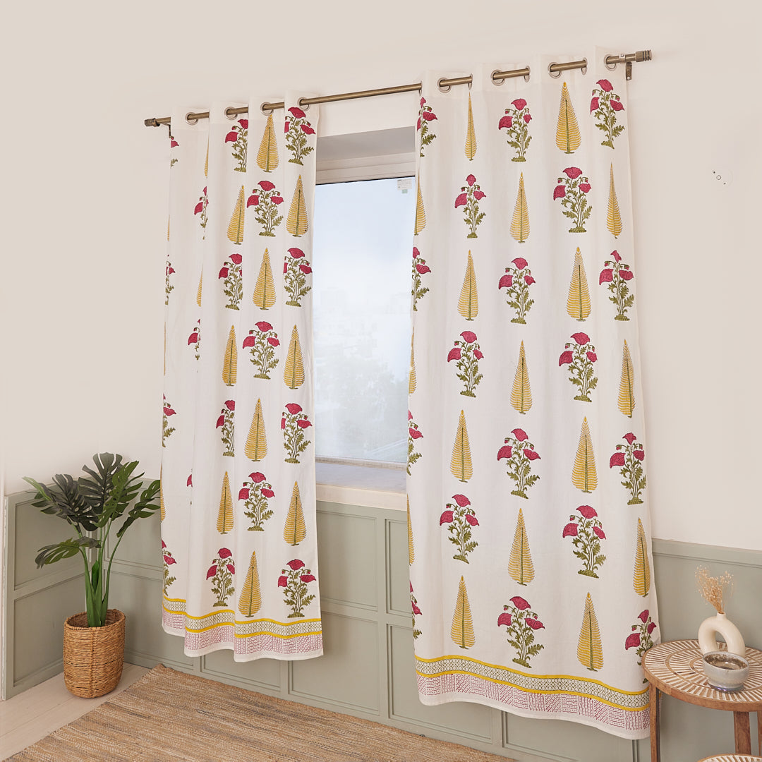 Cotton Curtain Red-Yellow Leaf Floral Block Print