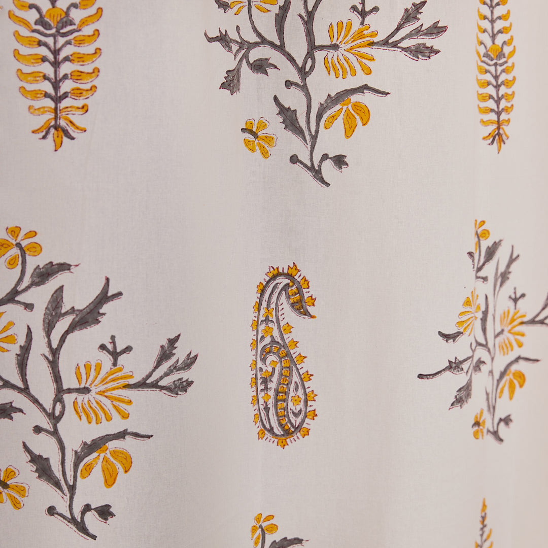 Cotton Curtain Mustard-Grey Leaf Boota Block Print