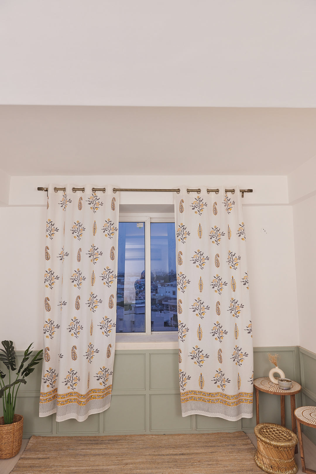 Cotton Curtain Mustard-Grey Leaf Boota Block Print