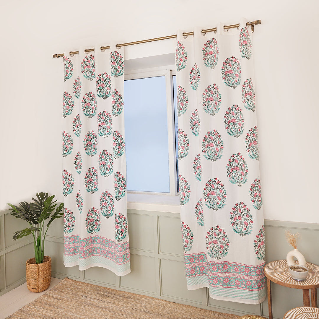Cotton Curtain Pink Floral Jaal Block Print