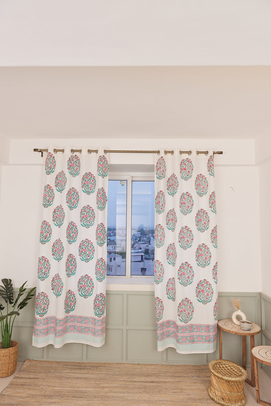 Cotton Curtain Pink Floral Jaal Block Print