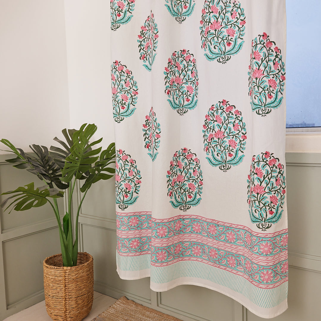 Cotton Curtain Pink Floral Jaal Block Print
