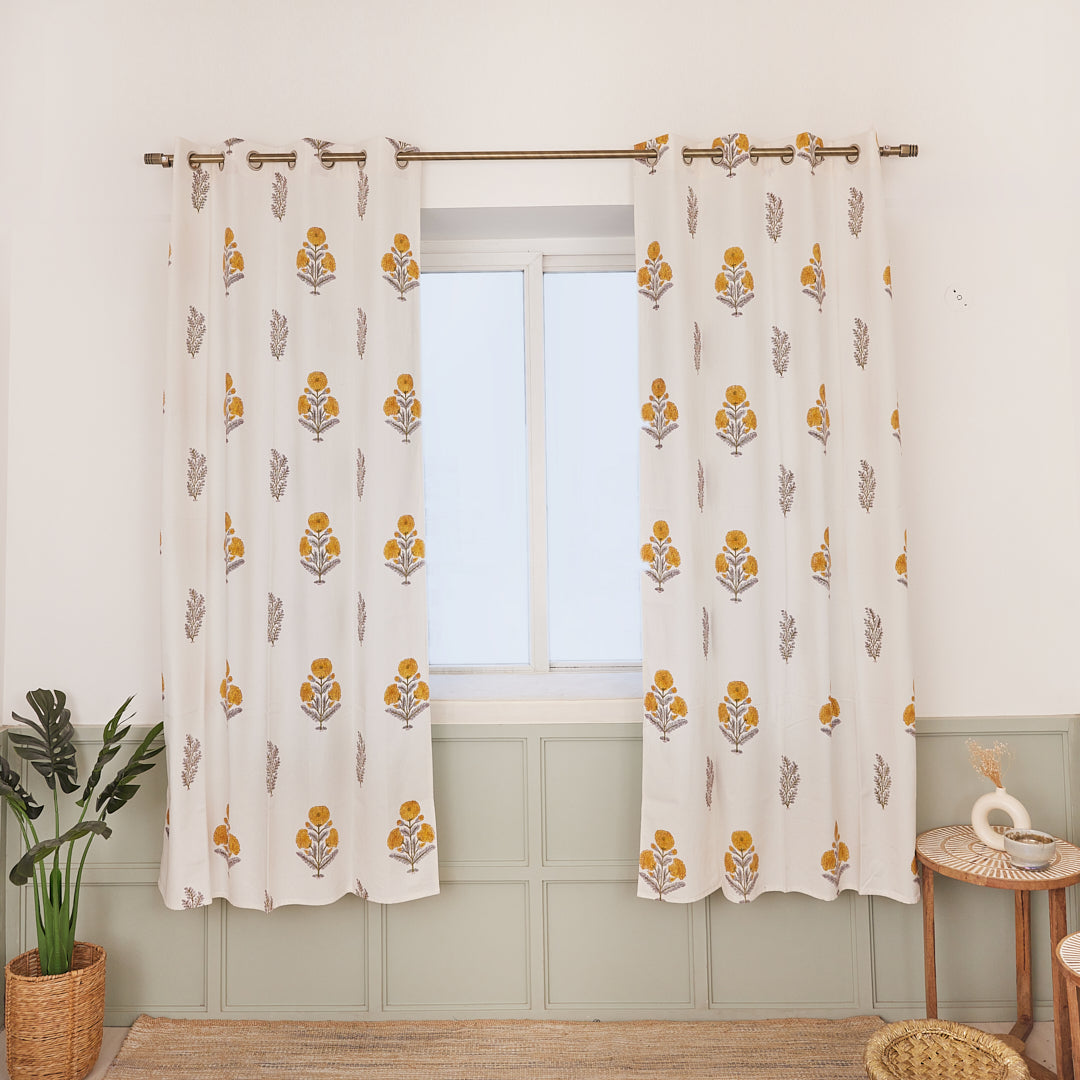Drill Cotton Curtain Mustard-Green Floral Block Print