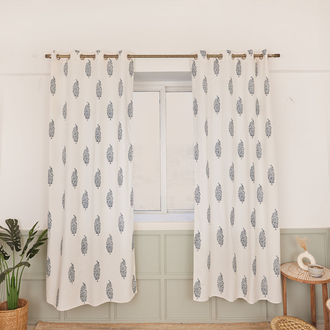 Drill Cotton Curtain Blue Floral Block Print