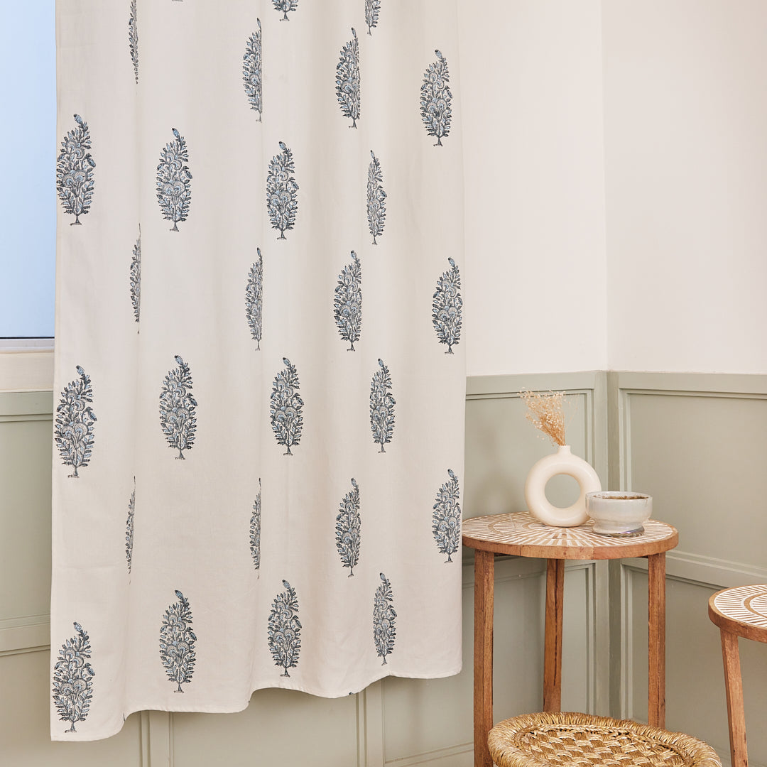 Drill Cotton Curtain Blue Floral Block Print