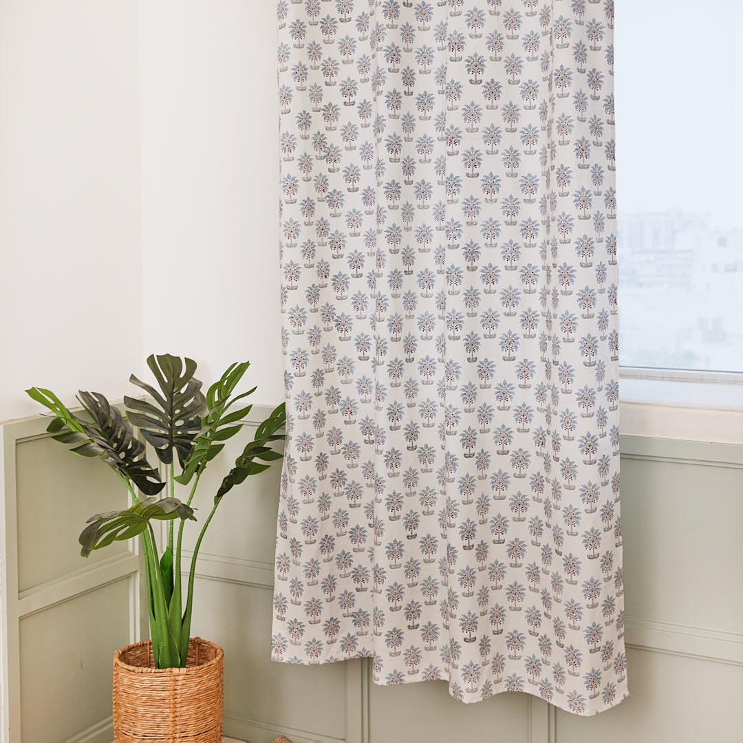 Drill Cotton Curtain Blue Tree Floral Block Print