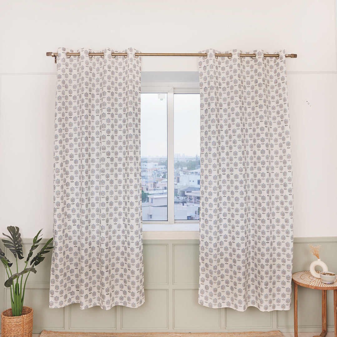 Drill Cotton Curtain Blue Tree Floral Block Print