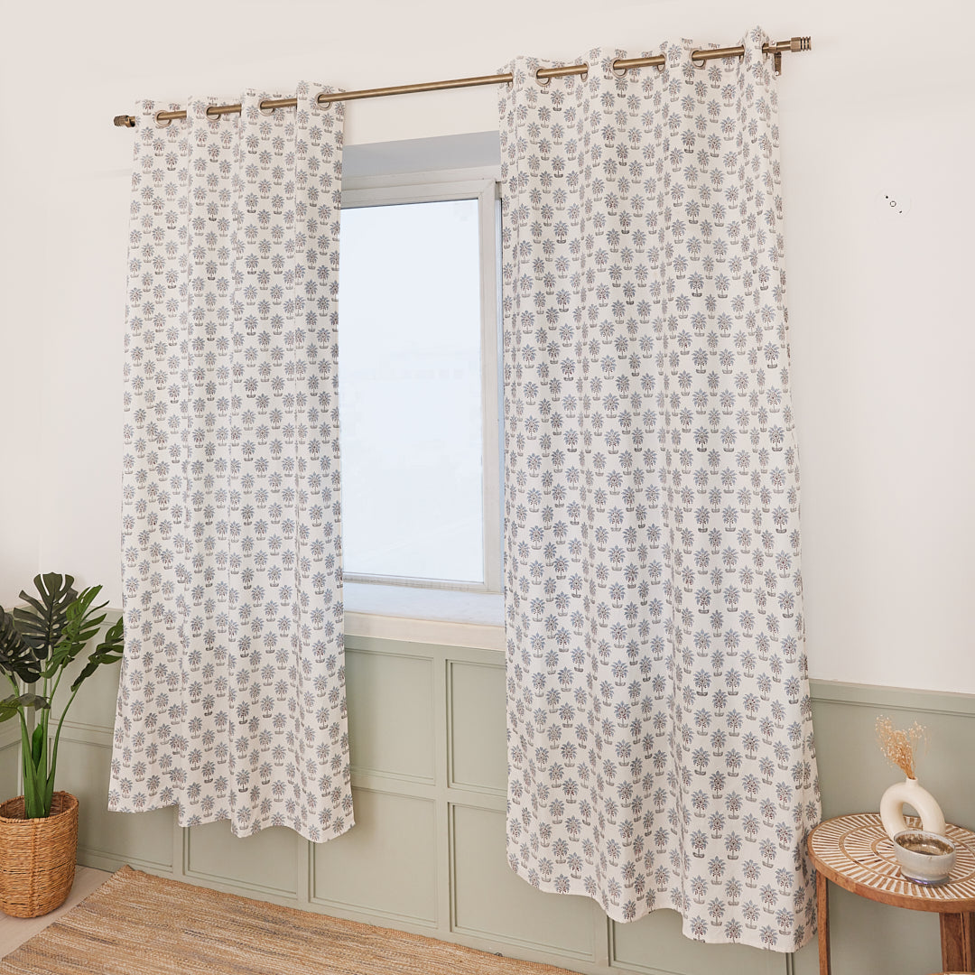 Drill Cotton Curtain Blue Tree Floral Block Print