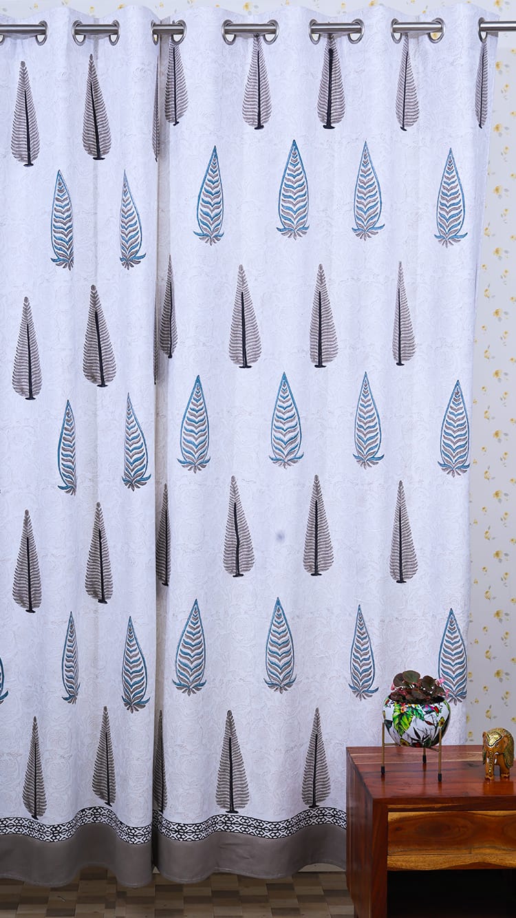 Drill Cotton Curtain Grey Fern Leaf Boota Block Print
