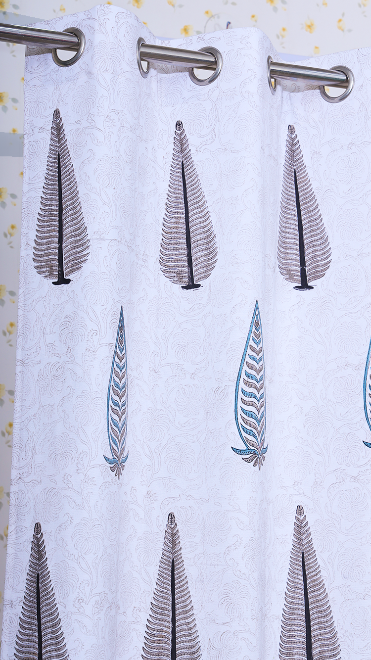 Drill Cotton Curtain Grey Fern Leaf Boota Block Print
