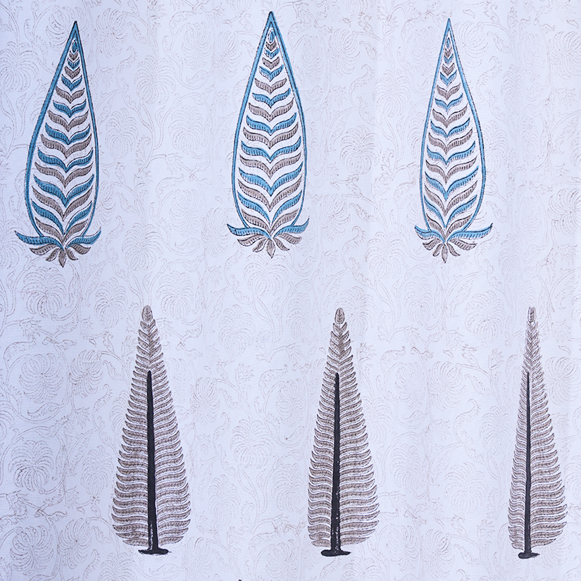 Drill Cotton Curtain Grey Fern Leaf Boota Block Print