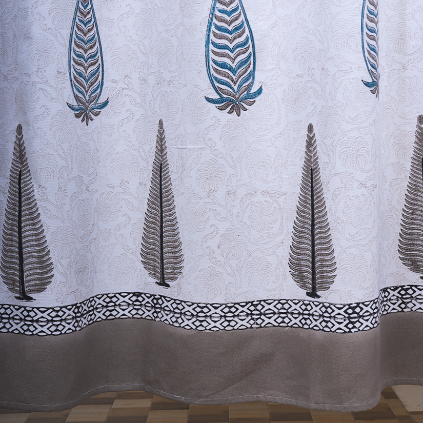 Drill Cotton Curtain Grey Fern Leaf Boota Block Print