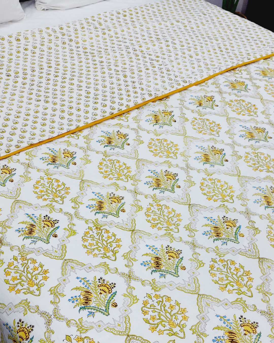 Cotton Mulmul Double Bed Dohar AC Quilt Mustard-Green Floral Block Print