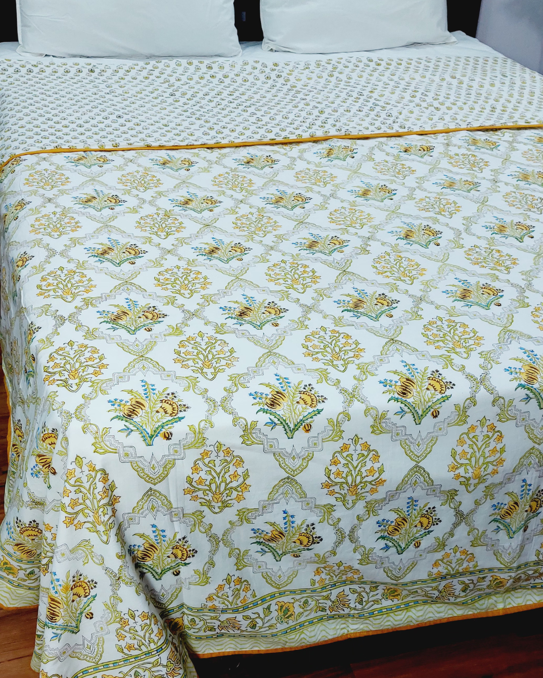 Cotton Mulmul Double Bed Dohar AC Quilt Mustard-Green Floral Block Print