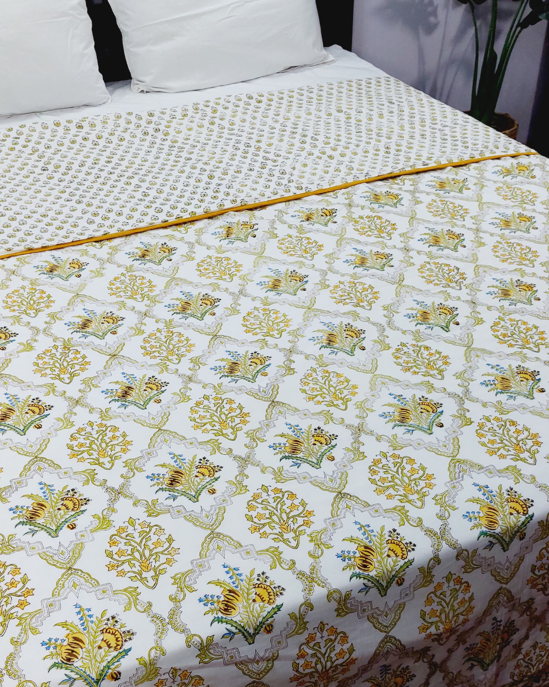 Cotton Mulmul Double Bed Dohar AC Quilt Mustard-Green Floral Block Print