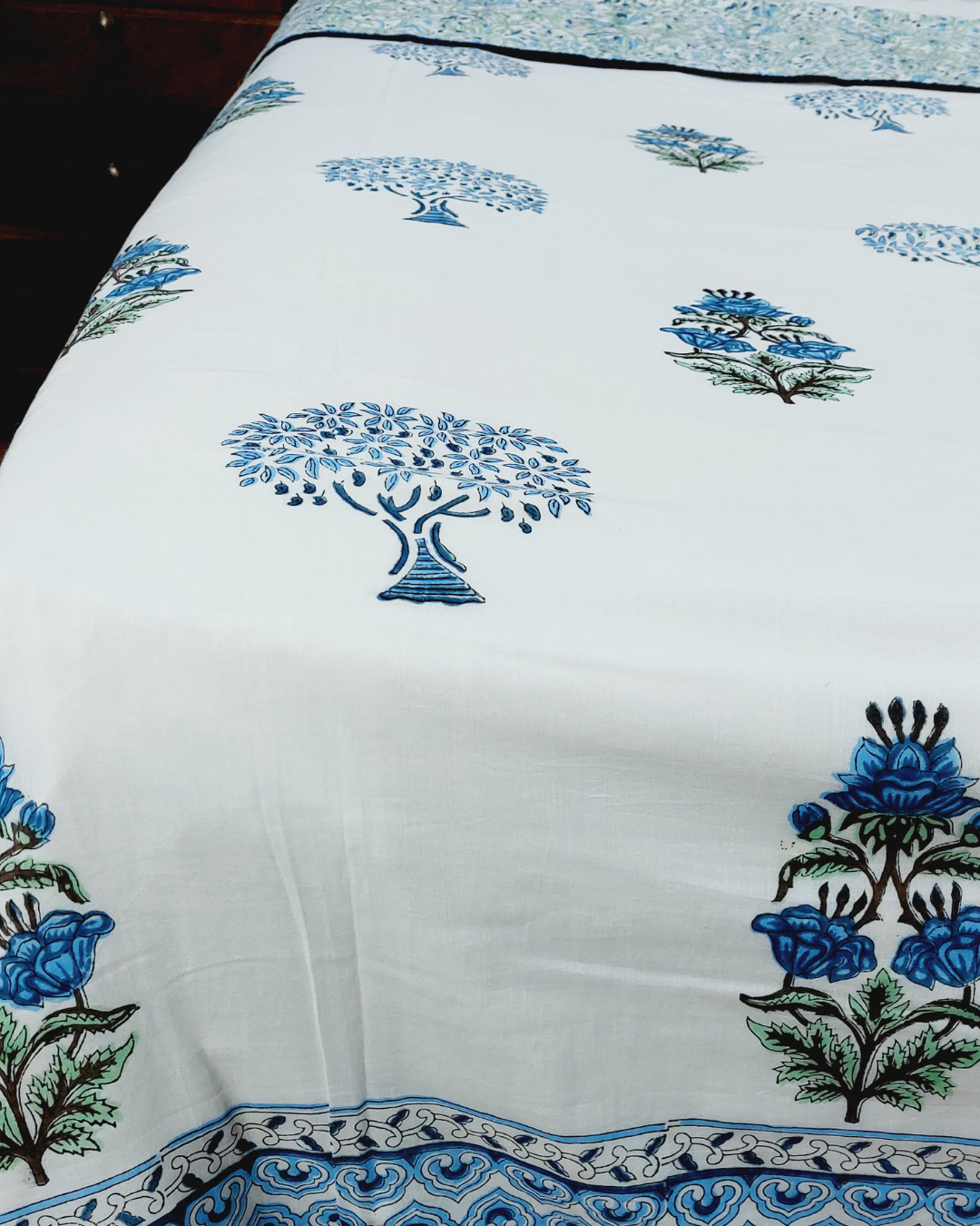 Cotton Mulmul Double Bed Dohar AC Quilt Blue-Green Floral Boota Block Print