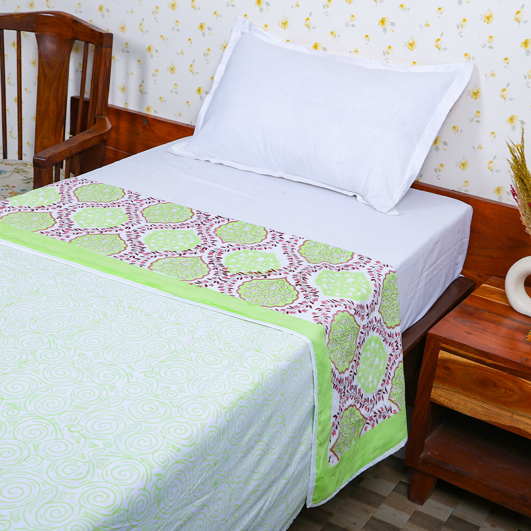 Cotton Dohar Green-Pink Leaf Block Print