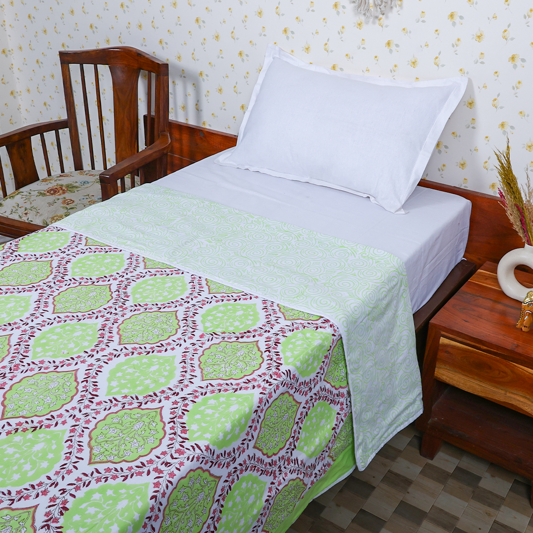 Cotton Dohar Green-Pink Leaf Block Print