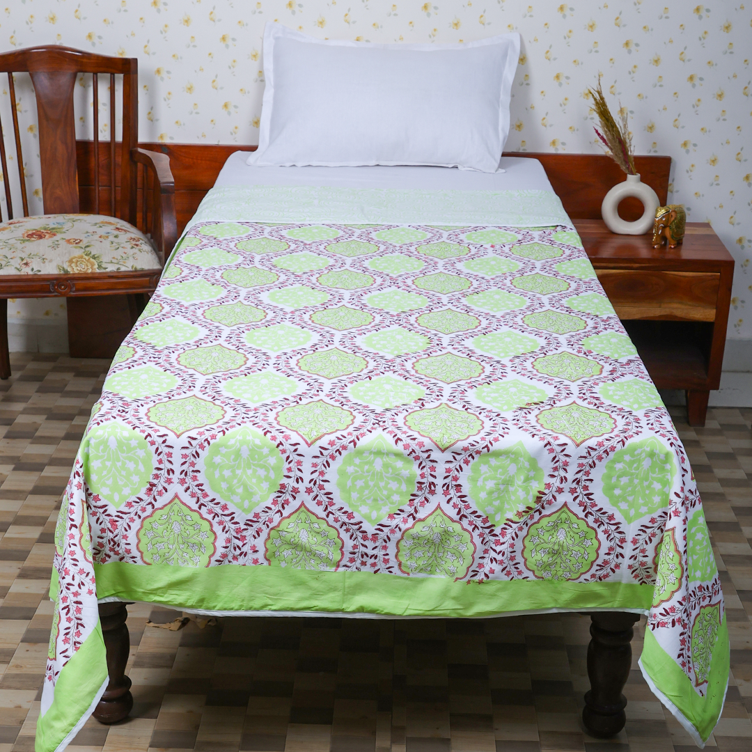 Cotton Dohar Green-Pink Leaf Block Print