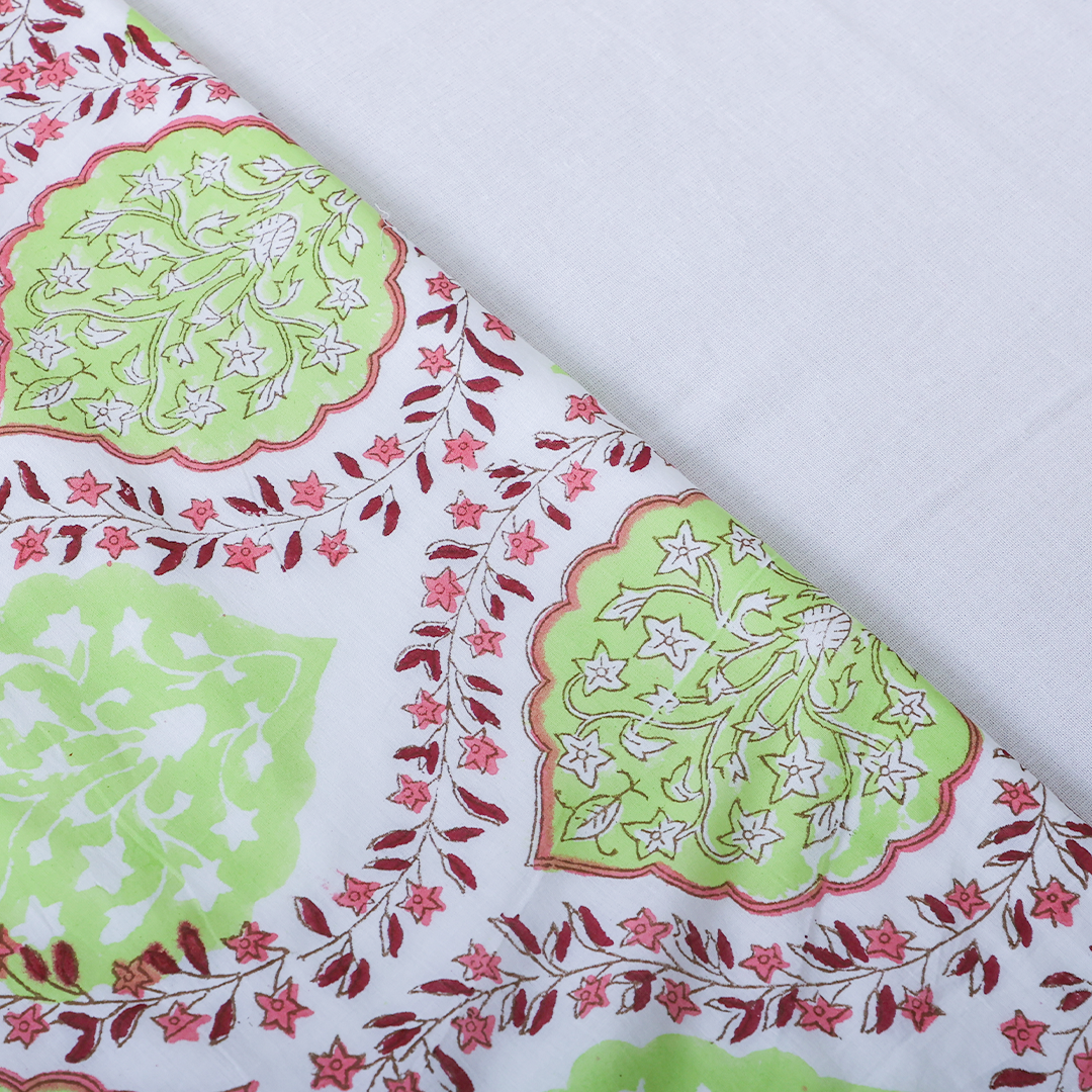 Cotton Dohar Green-Pink Leaf Block Print