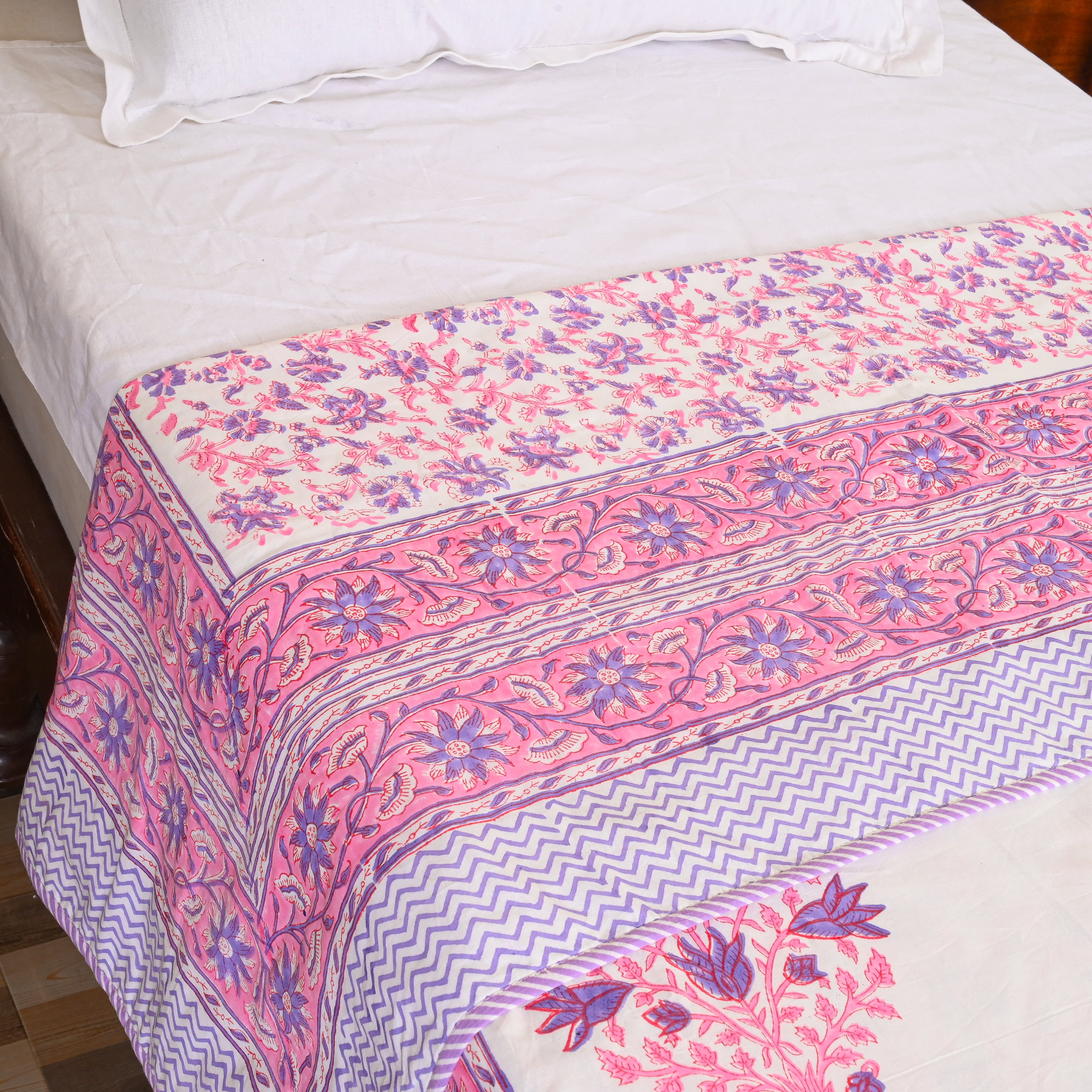 Cotton Mulmul Single Bed AC Quilt Dohar Pink-Blue Bliss Block Print