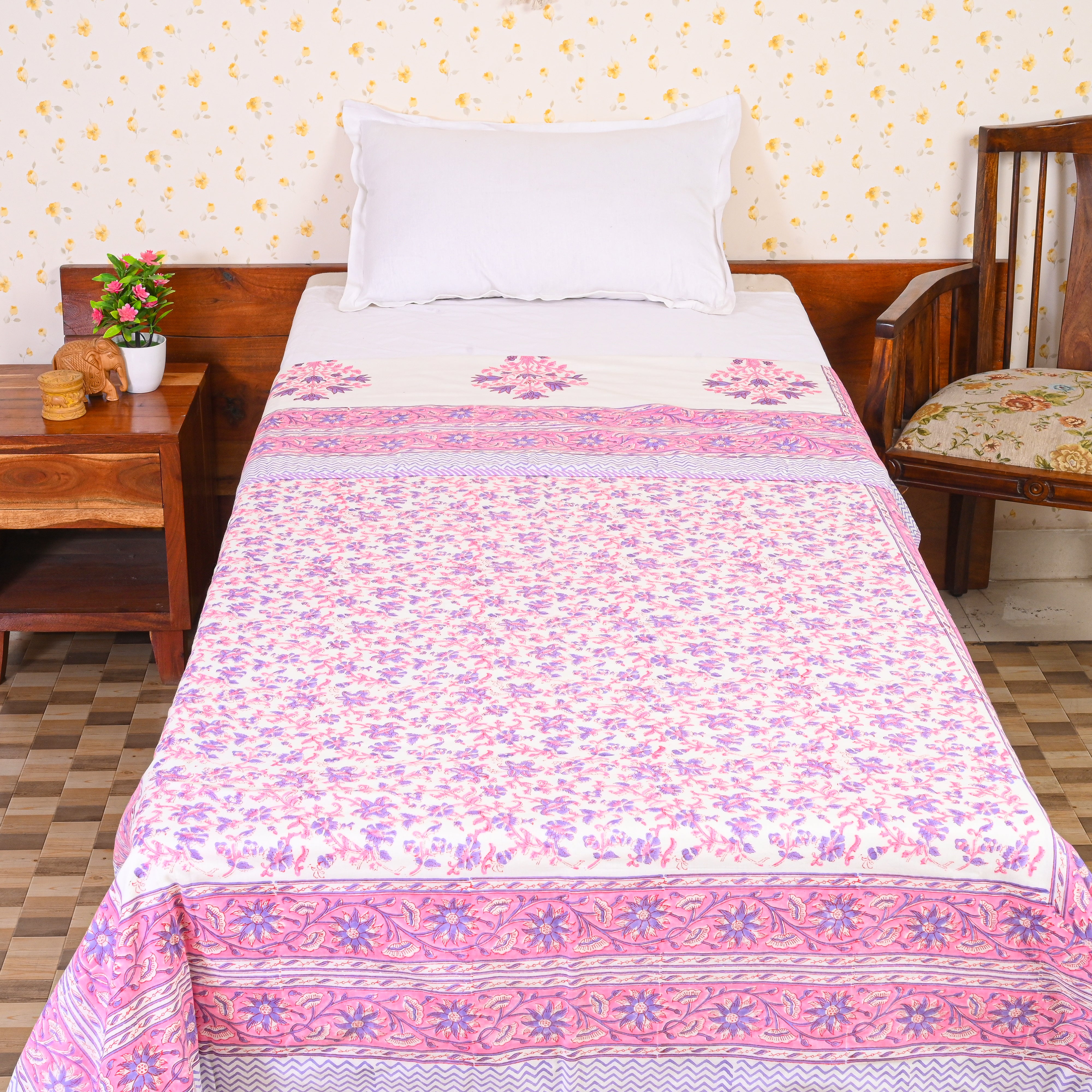 Cotton Mulmul Single Bed AC Quilt Dohar Pink-Blue Bliss Block Print
