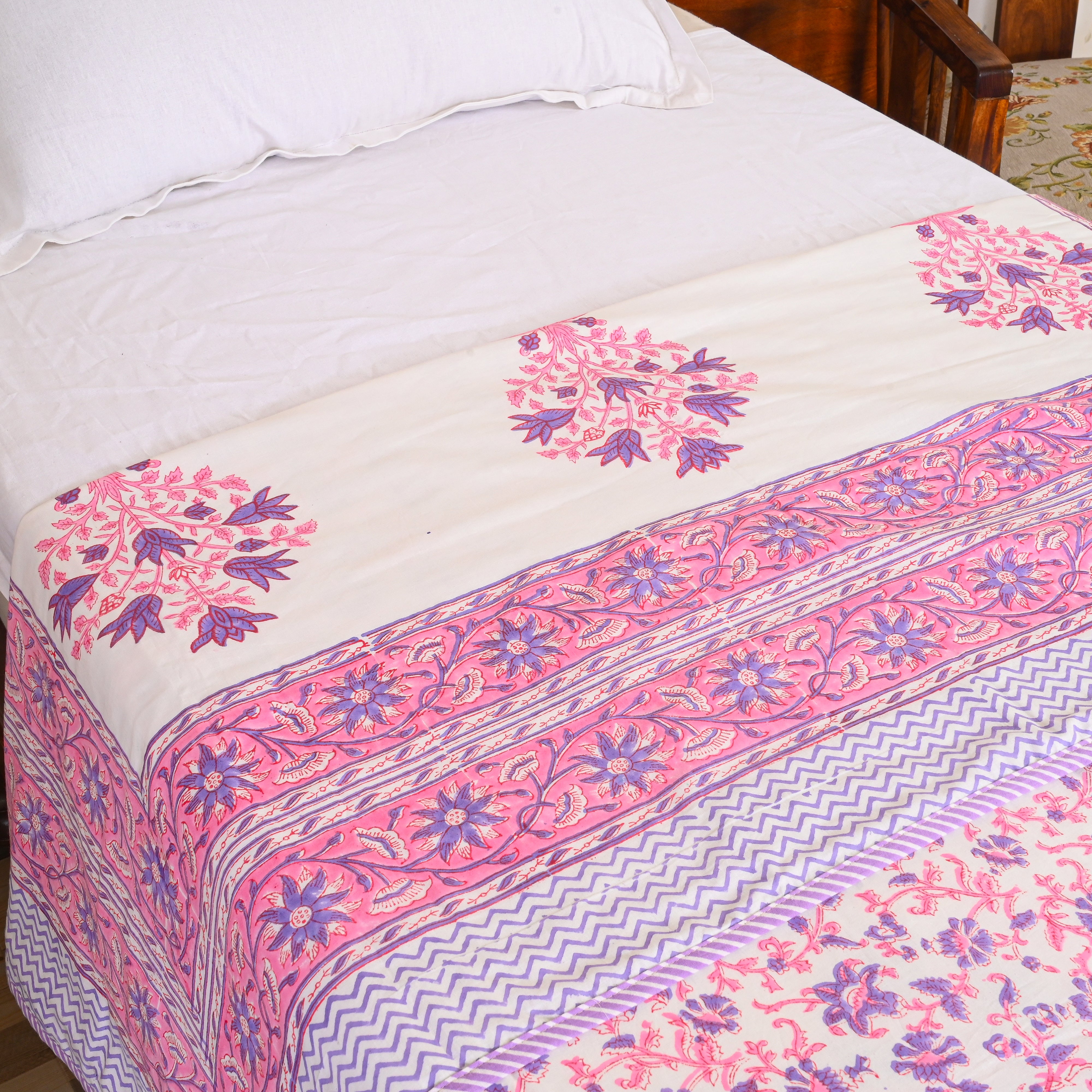 Cotton Mulmul Single Bed AC Quilt Dohar Pink-Blue Bliss Block Print