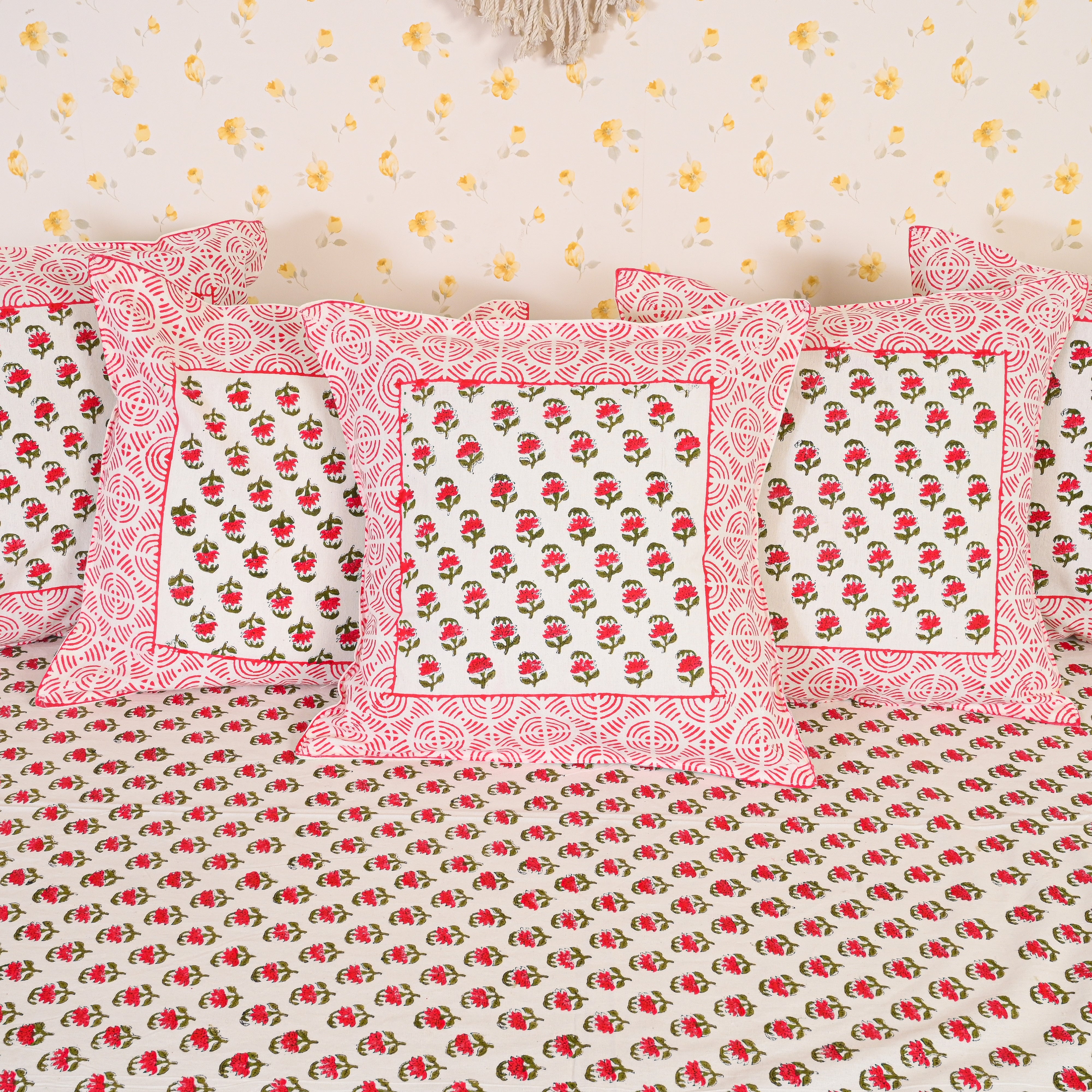 Fine Cotton Diwan Set Red Lily Floral Block Print