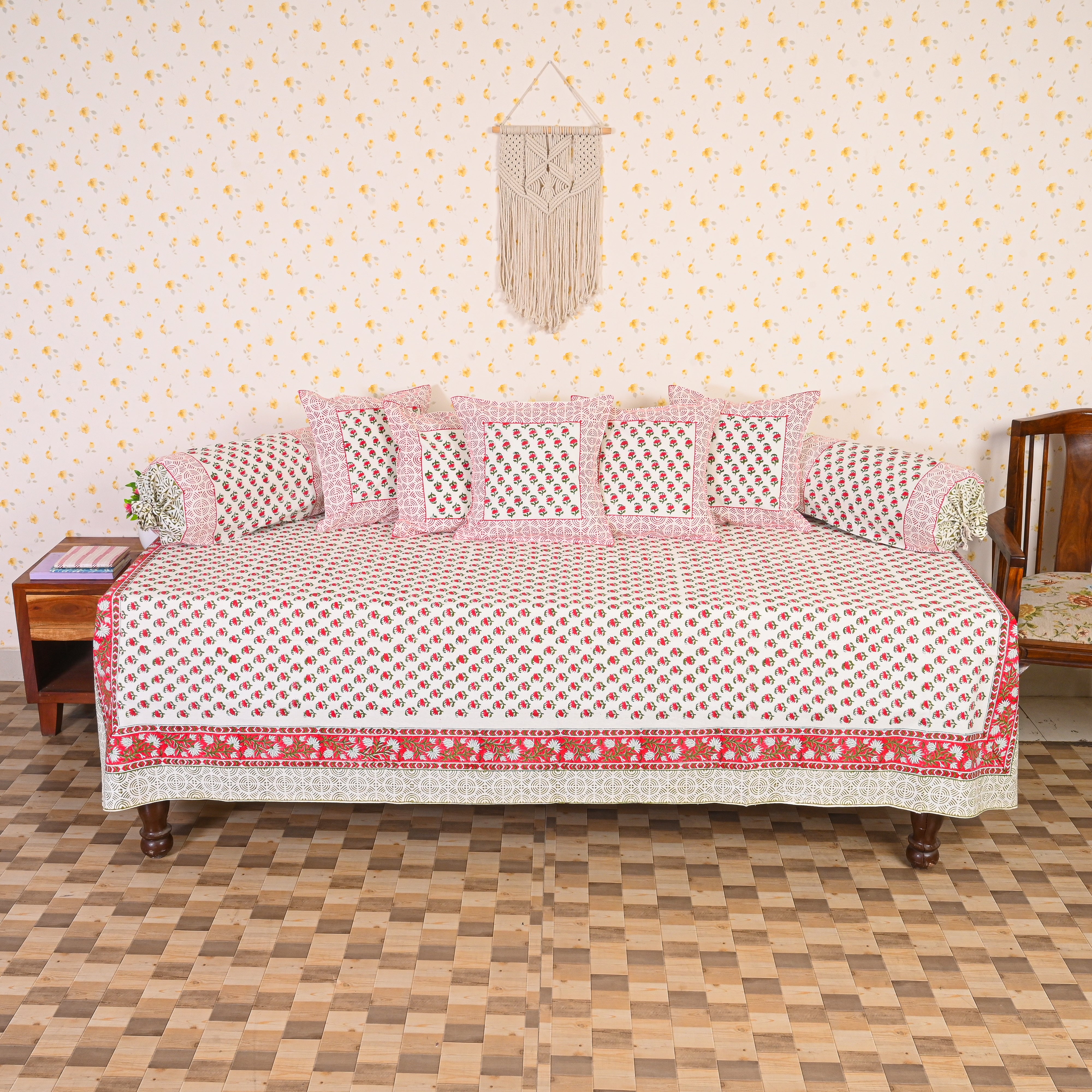 Fine Cotton Diwan Set Red Lily Floral Block Print