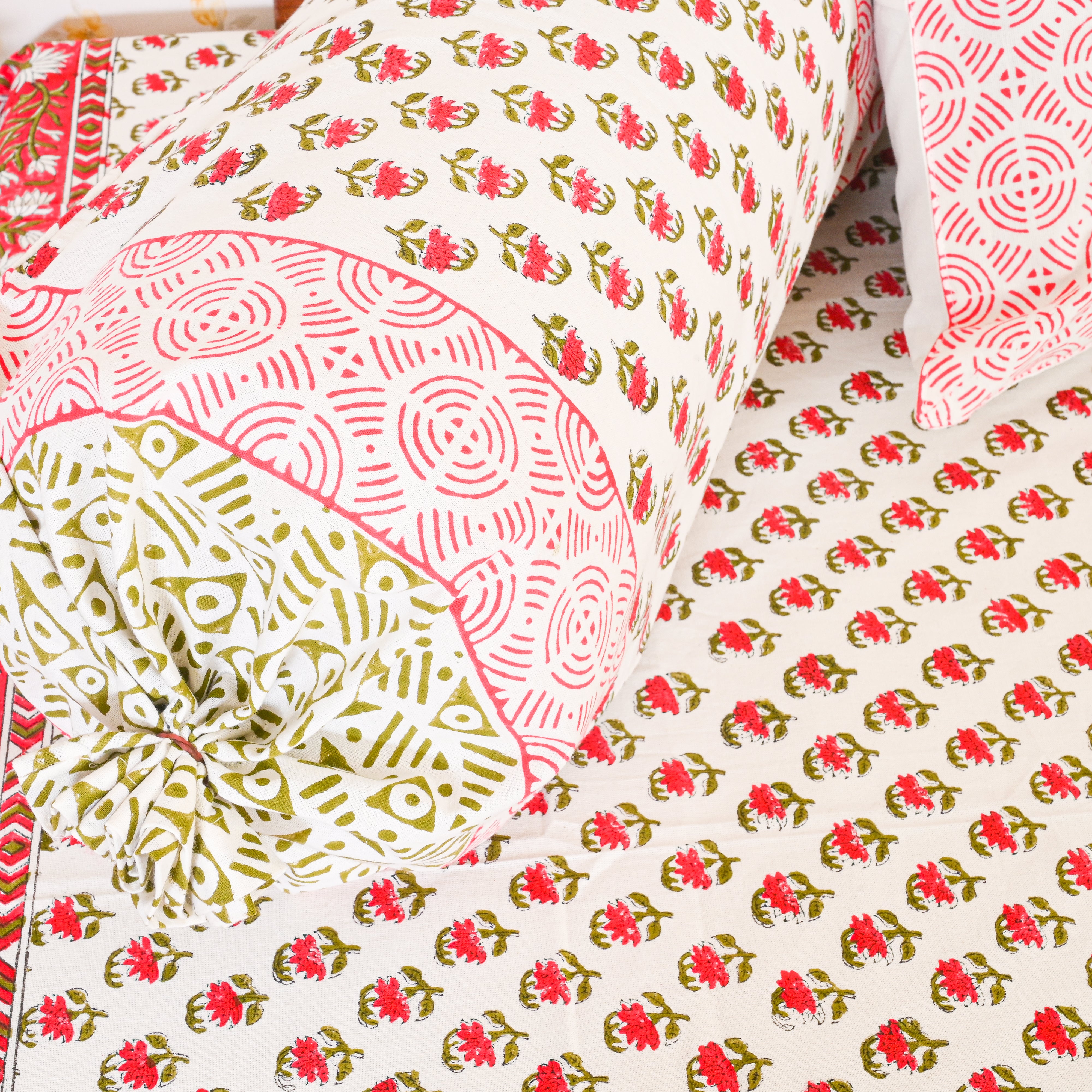 Fine Cotton Diwan Set Red Lily Floral Block Print