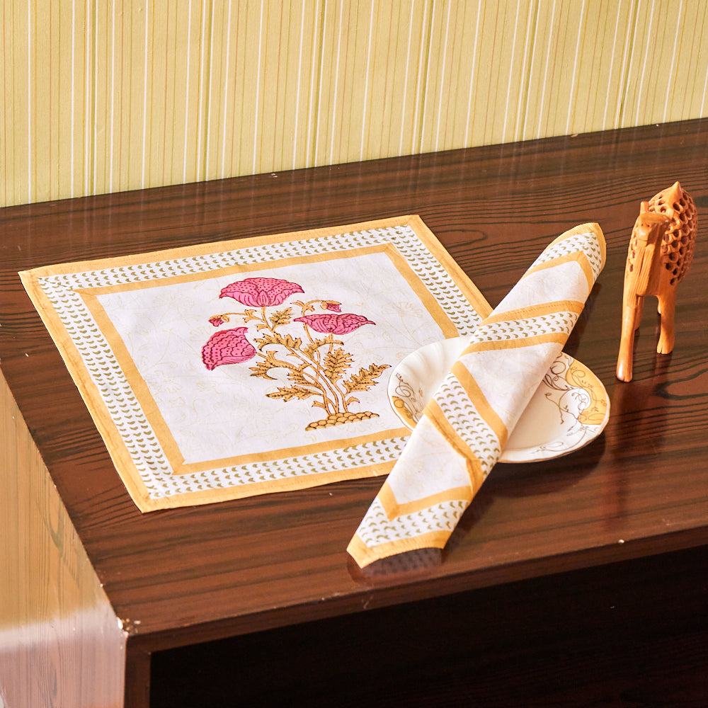 Cotton Mulmul Napkin Pink Brown Floral Boota Block Print