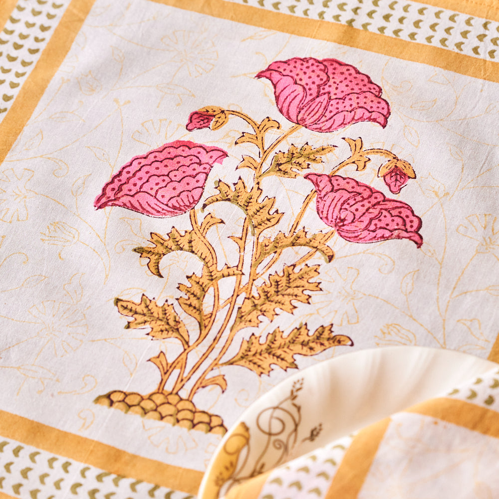 Cotton Mulmul Napkin Pink Brown Floral Boota Block Print
