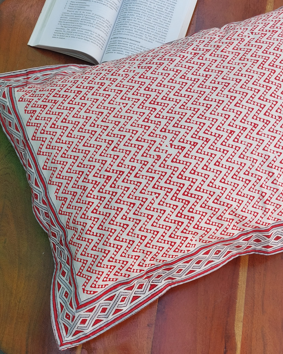 Fine Cotton Pillow Cover Chikoo Red Geometric Block Print