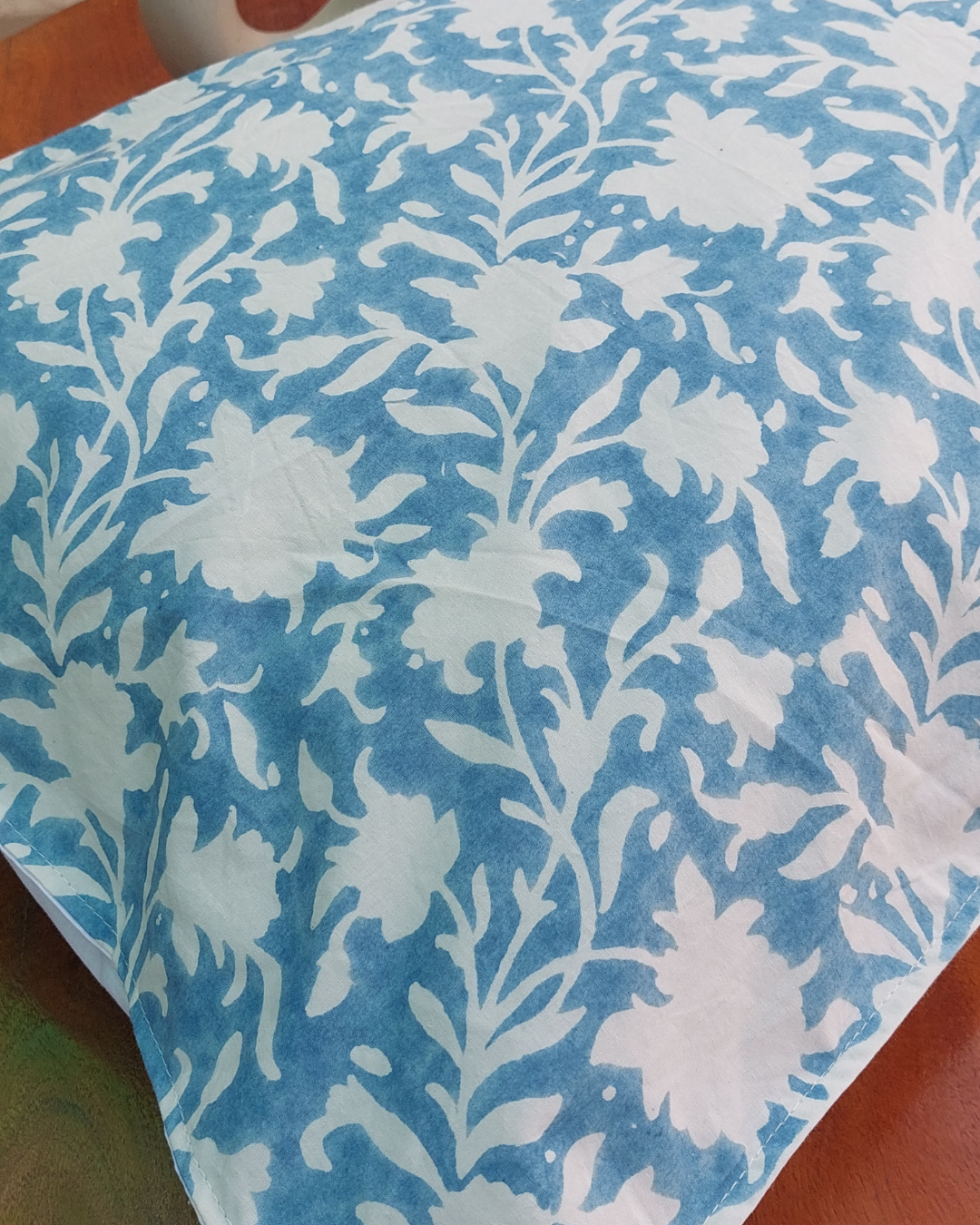 Fine Cotton Pillow Cover Blue White Floral Jaal Block Print
