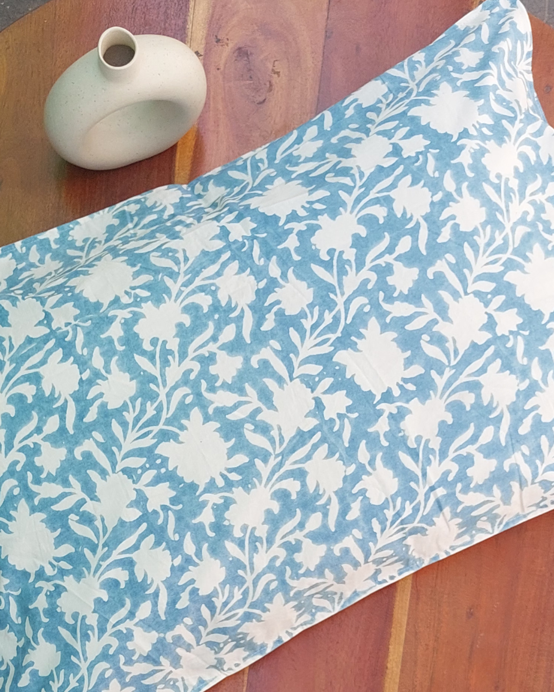 Fine Cotton Pillow Cover Blue White Floral Jaal Block Print
