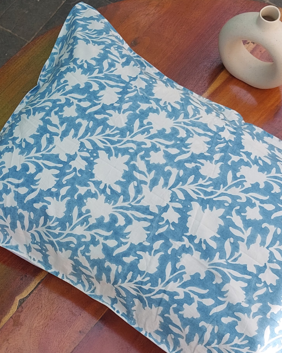 Fine Cotton Pillow Cover Blue White Floral Jaal Block Print