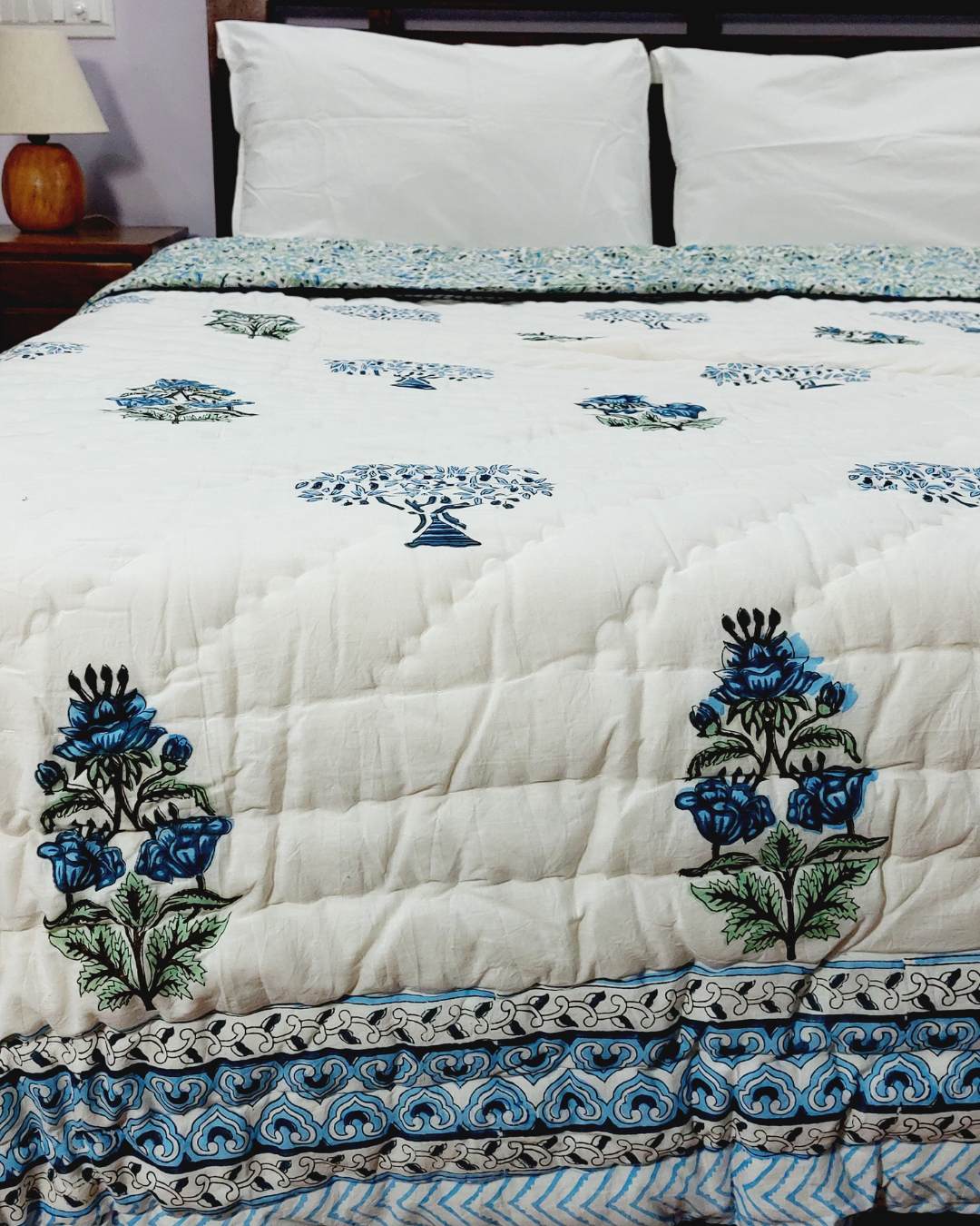 Cotton Double Bed Blue-Green Floral Jaal Block Print