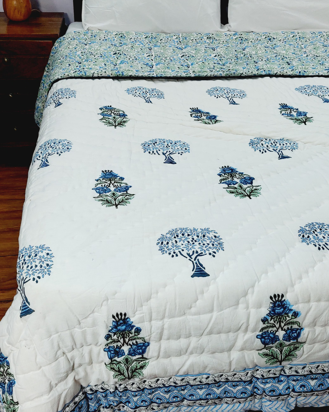 Cotton Double Bed Blue-Green Floral Jaal Block Print