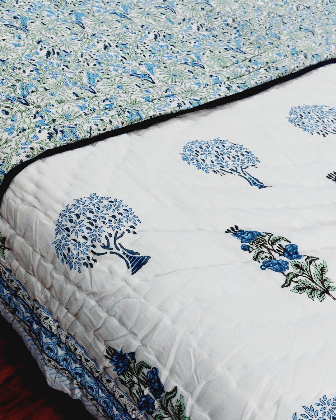 Cotton Double Bed Blue-Green Floral Jaal Block Print