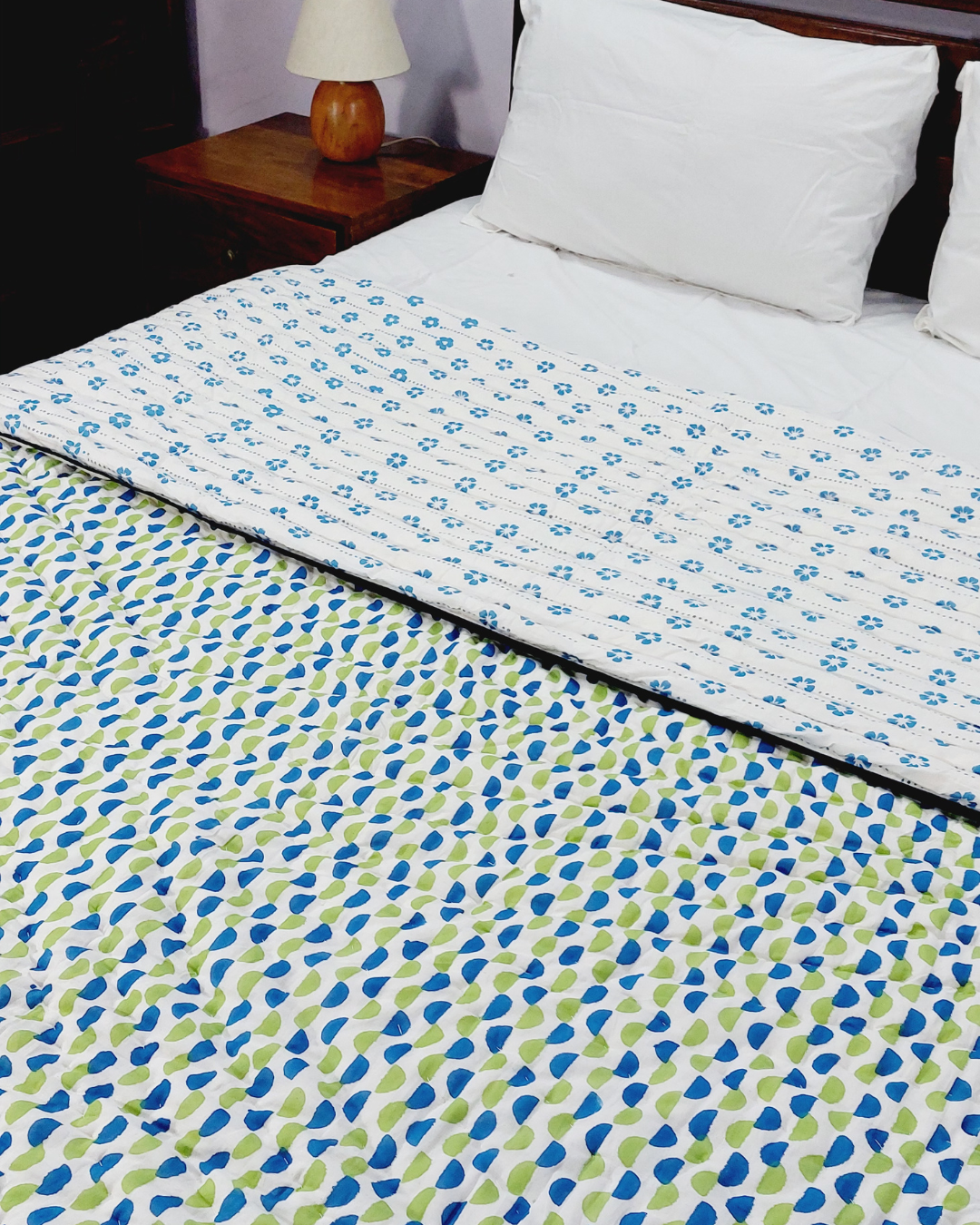 Cotton Double Bed Razai Blue-Green Bel Block Print