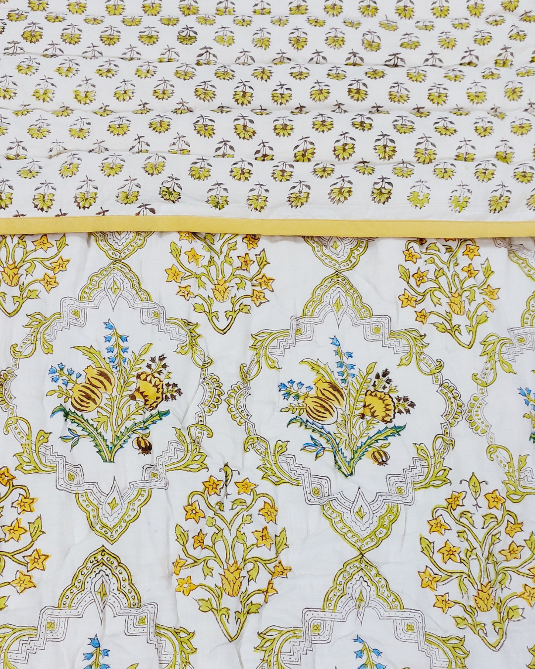 Cotton Double Bed Rajai Mustard-Green Floral Block Print